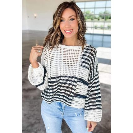 White Stripe Hollow-out Openwork Knit Puff Sleeve Sweater
