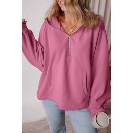 Valerian Fleece Lined Half Zipper Kangaroo Pockets Loose Hoodie