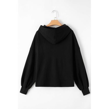 Black Fleece Lined Half Zipper Kangaroo Pockets Loose Hoodie