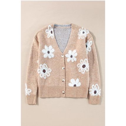 Smoke Gray Floral Print V Neck Knitted Button up Cardigan