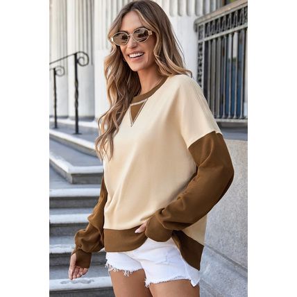 Apricot Color Block Thumbhole Sleeve Drop Shoulder Sweatshirt