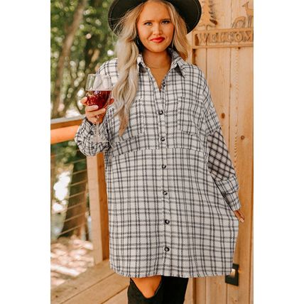 White Stripe Plus Size Plaid Buttoned Raw Hem Tunic Shirt Dress