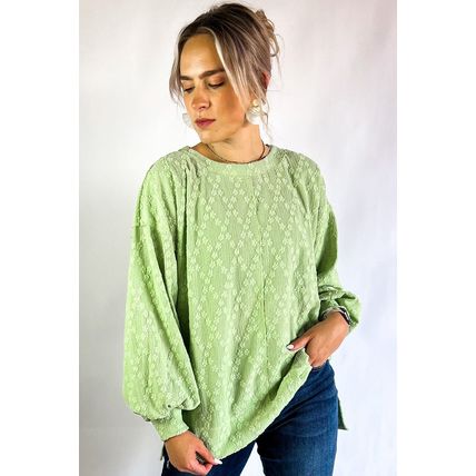 Light Green Solid Color Textured Side Split Crew Neck Blouse