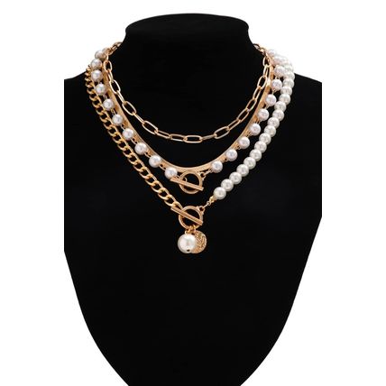 Gold Pearl Decor Plated Adjustable Chain Layered Necklace