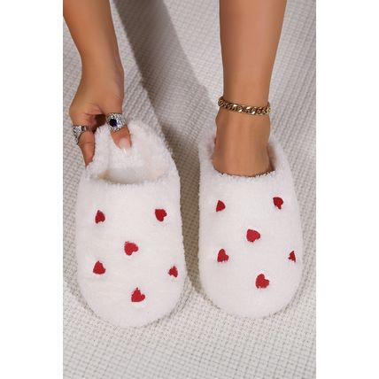 White Heart Shape Embroidered Slip On Plush Slippers