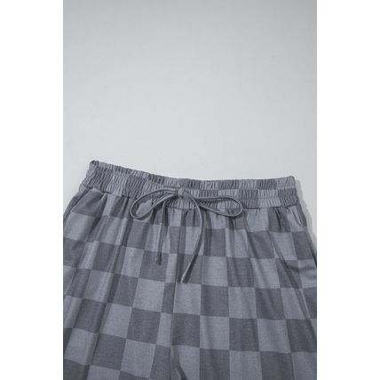 Gray Checkered V Neck Tee Drawstring Shorts Lounge Set