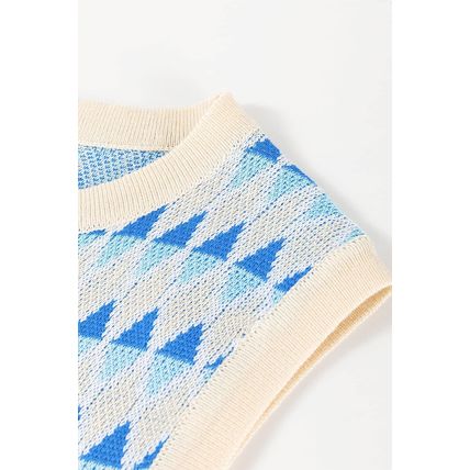 Sky Blue Stripe Geometric Print Round Neck Slim Fit Sweater Vest