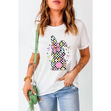 White Bowknot Checkerboard Bunny Graphic Easter T Shirt