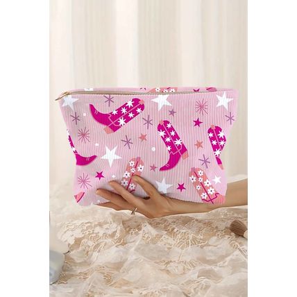 Pink Western Cowboy Boots Star Print Large Makeup Bag