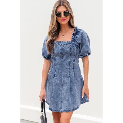 Blue Frilly Square Neck Bustier Puff Sleeve Short Denim Dress