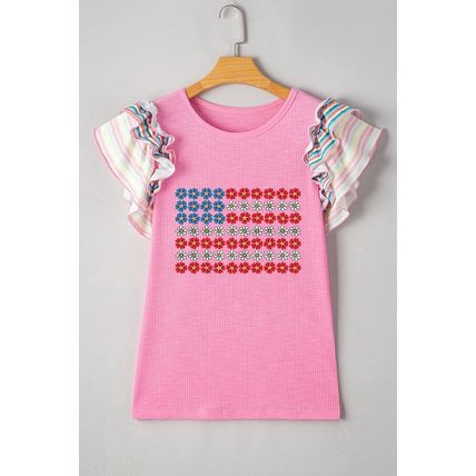 Bonbon Flower Graphic Striped Ruffled Short Sleeve Ribbed Knit Top