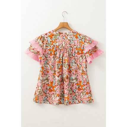 Multicolour Floral Tiered Ruffled Short Sleeve Blouse
