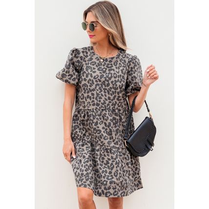 Brown Denim Leopard Printed Short Puff Sleeve Mini Dress