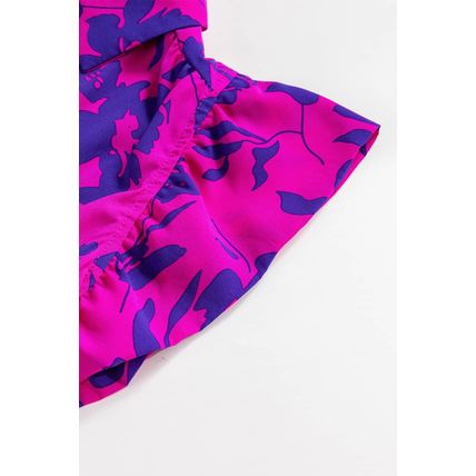 Rose Floral Print Collared Button Neckline Flutter Sleeve Blouse
