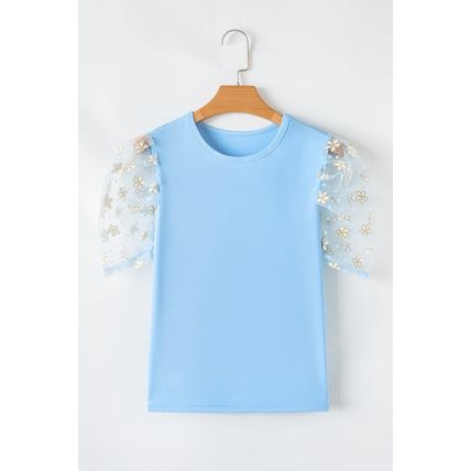 Beau Blue Floral Mesh Puff Sleeve Crew Neck Top