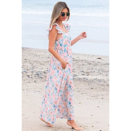 Pink Floral Print Square Neck Backless Long Dress with Slit