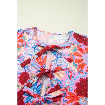 Rose Floral Tied Front High Waist Short Sleeve Loose Long Dress