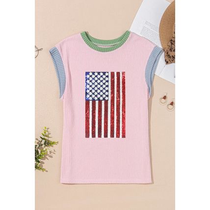 Pink Colorblock Edge Twisted Rib Texture Sequin American Flag Casual T Shirt