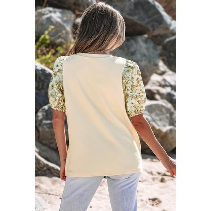 Beige Contrast Floral Bubble Sleeve Patchwork Ribbed Top