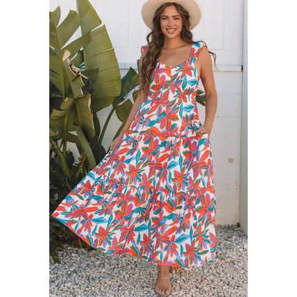 Red Boho Floral Ruffled Strap V Neck Maxi Dress
