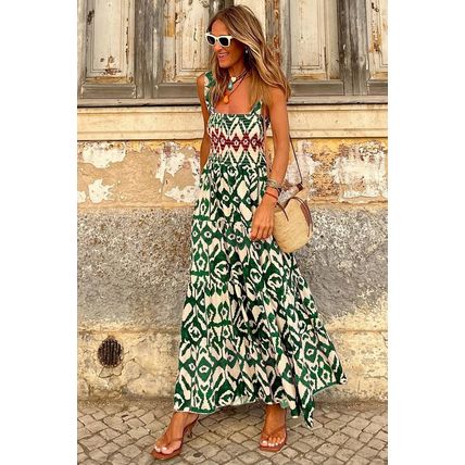 Green Western Aztec Shirred A-line Sleeveless Maxi Dress