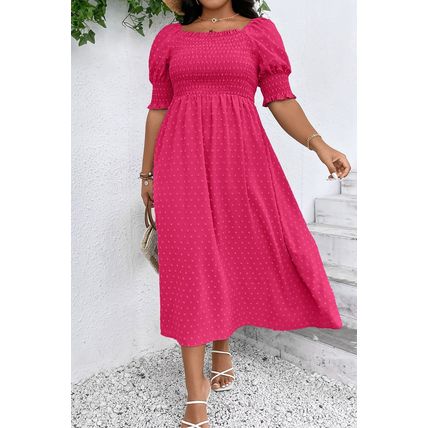 Sachet Pink Swiss Dot Smocked Frilled Neckline Short Sleeve Plus Size Dress