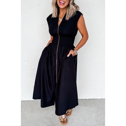 Black Sleeveless Zipped Front V Neck Shirred Waist Maxi Dress