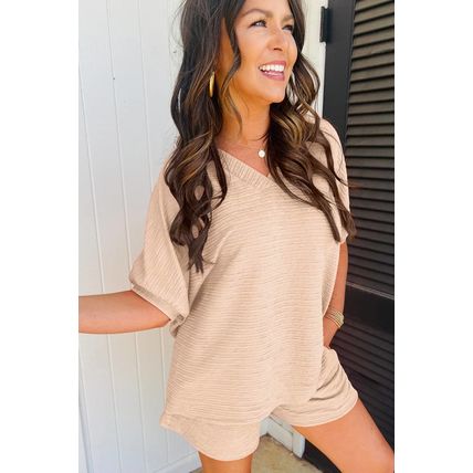 Apricot Textured V Neck T Shirt and Shorts Set