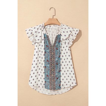White Boho Pattern Tiered Ruffled Sleeve V Neck Buttoned Blouse
