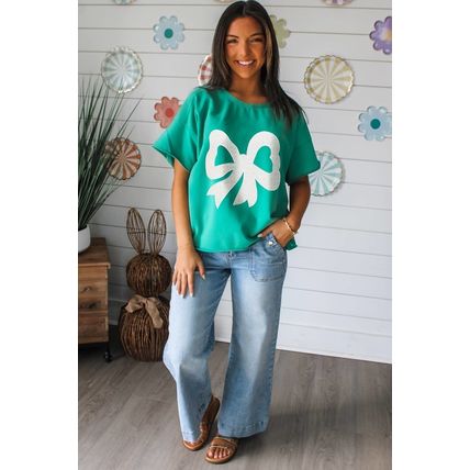 Sea Green Lace Bow Raw Edge Drop Shoulder Casual T Shirt