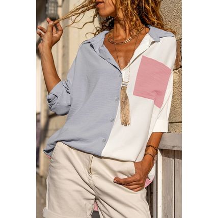 Gray Color Block/Pure Color Patch Pocket Shirt
