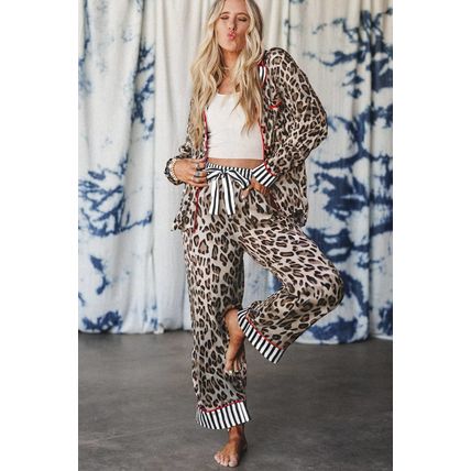 Khaki Leopard Print Colorblock Striped Edge Shirt and Pants Pajama Set