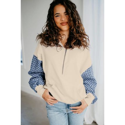 Parchment Checkered Patchwork Kangaroo Pocket Half Zipper Hoodie