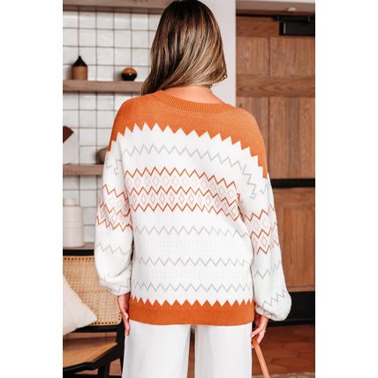 Khaki Zigzag Geometric Pattern Knitted Pullover Sweater