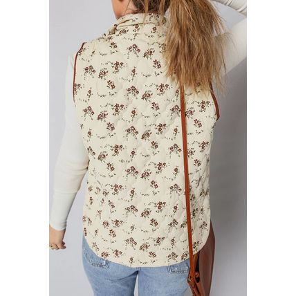 Apricot Floral Print Zip Up Quilted Vest