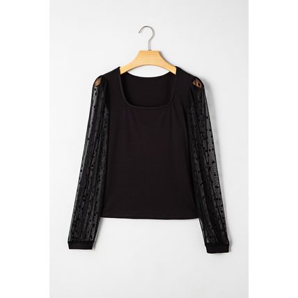 Black Polka Dot Mesh Puff Sleeve Patchwork Ribbed Square Neck Slim Top