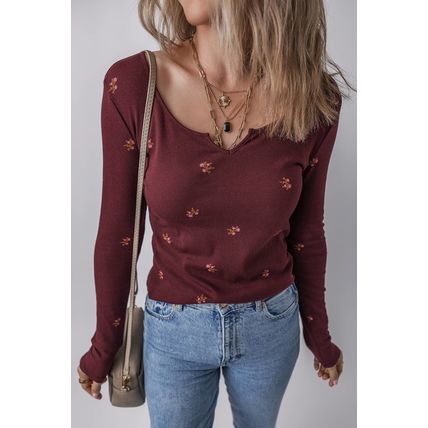 Burgundy Notched Neck Floral Print Ribbed Long Sleeve Top