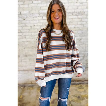Brown Stripe Crew Neck Drop Shoulder Pullover Sweatshirt