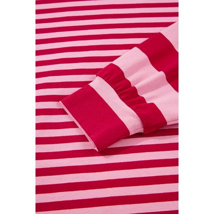 Strawberry Pink Mix Striped Drop Shoulder Patchwork Sleeve V Neck Pullover