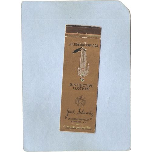 New Jersey Newark Matchcover Jack Schwartz Distinctive Clothes w/Patriotic~3615