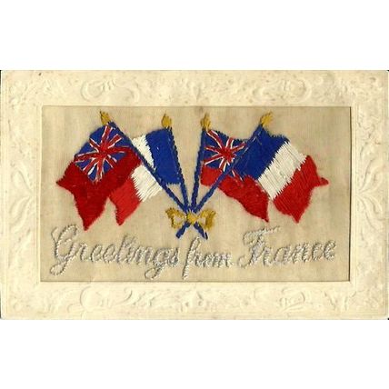 EMBROIDERED SILK "Greetings From France" Postcard