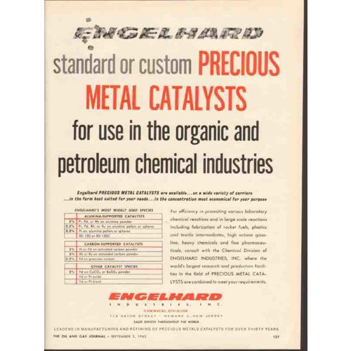 ENGELHARD INDUSTRIES 1962 Precious metal catalysts chemical vintage ad