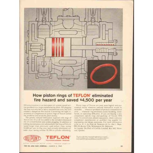 DU PONT 1962 Teflon piston rings eliminate fire hazard vintage ad