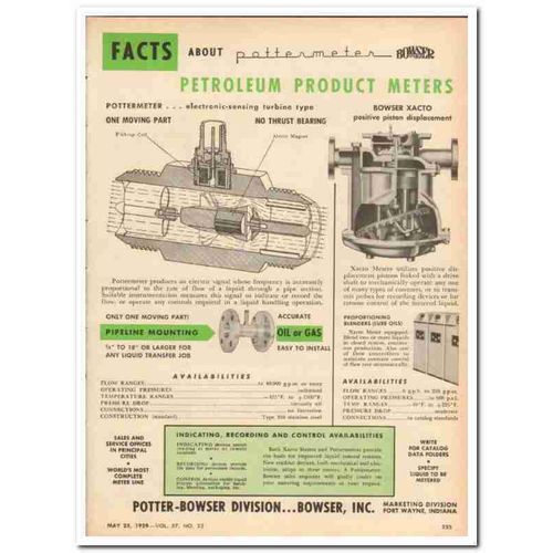BOWSER INC 1959 Potter Pottermeter petroleum product meters vintage ad