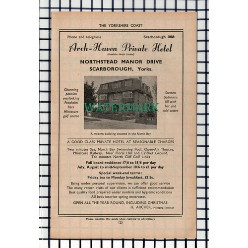 C6955) Arch Haven Hotel Northstead Manor Drive Scarborough Advert - 1952 Cutting