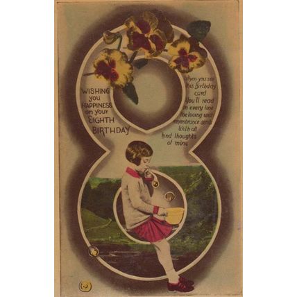 Happy 8th Birthday Blowing Bubbles Giant Pipe Antique Bowl Postcard