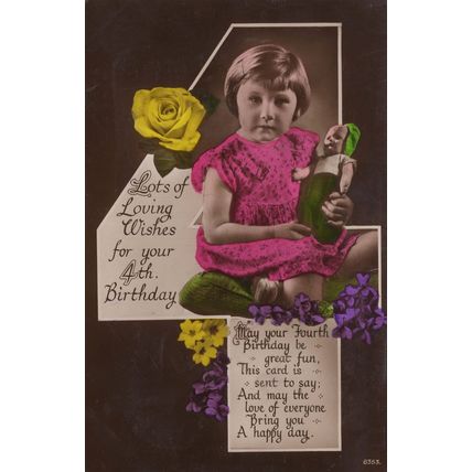 Toy Doll with Gnome Type Green Elf Hat 4th Birthday RPC Postcard