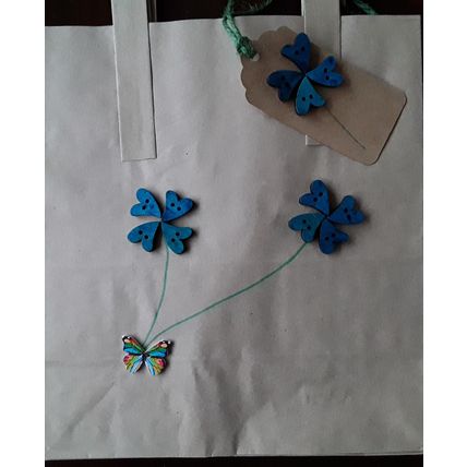 Hand decorated . Brown paper carrier bags Button Art gift bags # blue