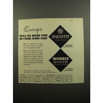 1955 MG Magnette and Morris Minor Cars Ad - Europe will be more fun
