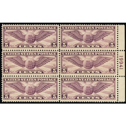 C12, Mint VF NH 5¢ Airmail Plate Block of Six CV $180 - Stuart Katz